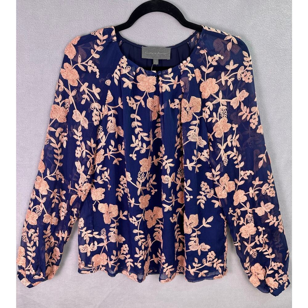 NWOT Anthropologie Sunday in Brooklyn Navy Pink Embroidered Floral Blouse Size S - Picture 2 of 11